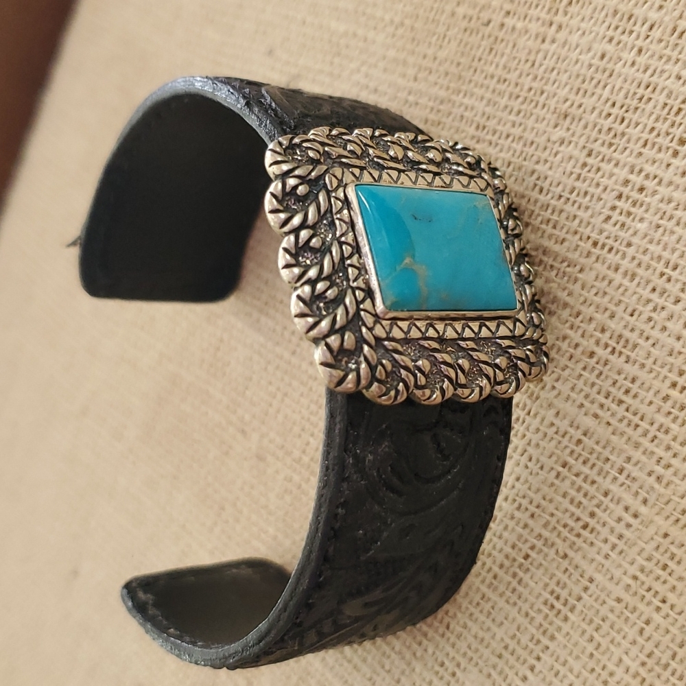 Sterling leather and turquoise cuff bracelet